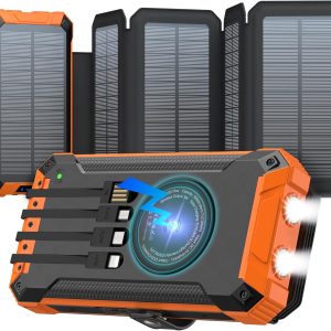 GOODaaa Solar Power Bank Wireless Charger 36800mAh Solar Charger with Five Solar Panels Built-in Four Cable Five Outputs Portable Power Bank for Cell Phone with Dual Flashlights, Carabiner