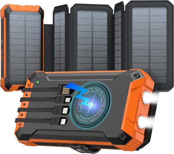 GOODaaa Solar Power Bank Wireless Charger 36800mAh Solar Charger with Five Solar Panels Built-in Four Cable Five Outputs Portable Power Bank for Cell Phone with Dual Flashlights, Carabiner