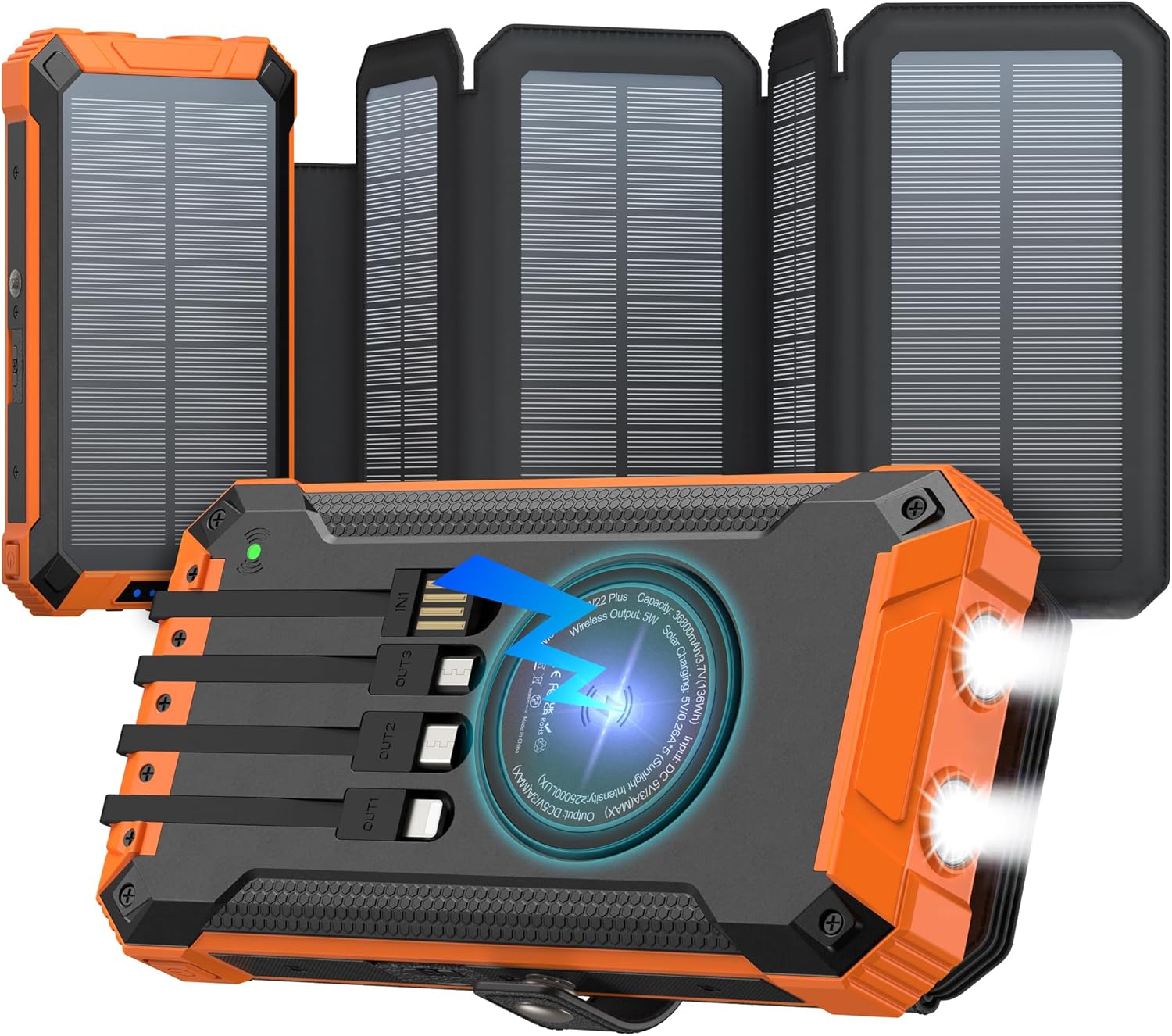 GOODaaa Solar Power Bank Wireless Charger 36800mAh Solar Charger with Five Solar Panels Built-in Four Cable Five Outputs Portable Power Bank for Cell Phone with Dual Flashlights, Carabiner