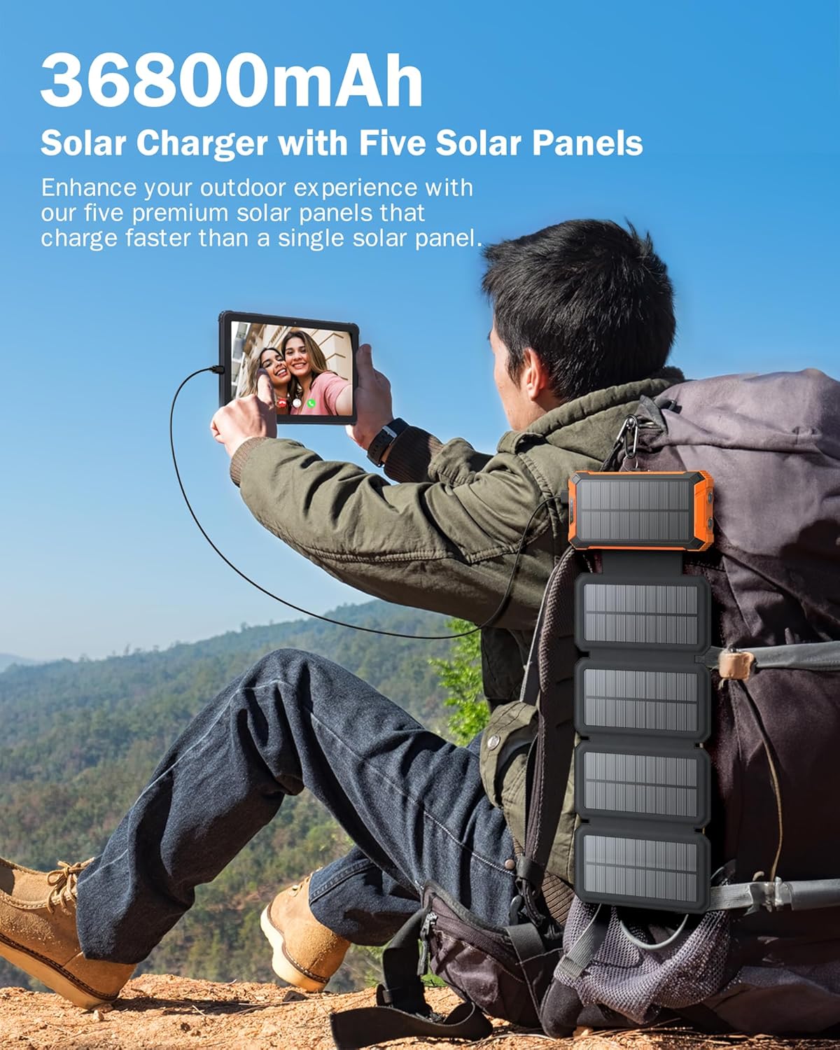 GOODaaa Solar Power Bank Wireless Charger 36800mAh Solar Charger with Five Solar Panels Built-in Four Cable Five Outputs Portable Power Bank for Cell Phone with Dual Flashlights, Carabiner - Image 2