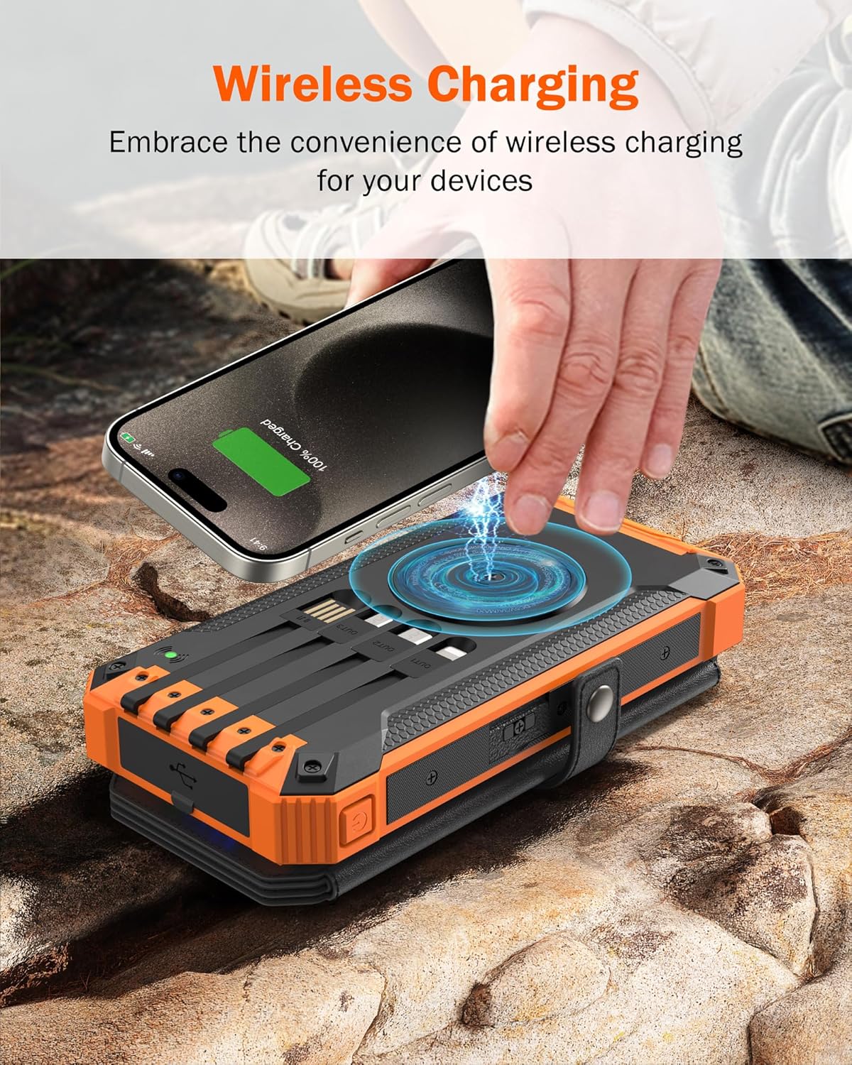 GOODaaa Solar Power Bank, 42800mAh Portable Charger Built in 4 Cables Three USB Port 20W Fast Charging, Wireless Charging Power Bank for Apple Watches with Dual Flashlight, Carabiner,Thermometer - Image 3
