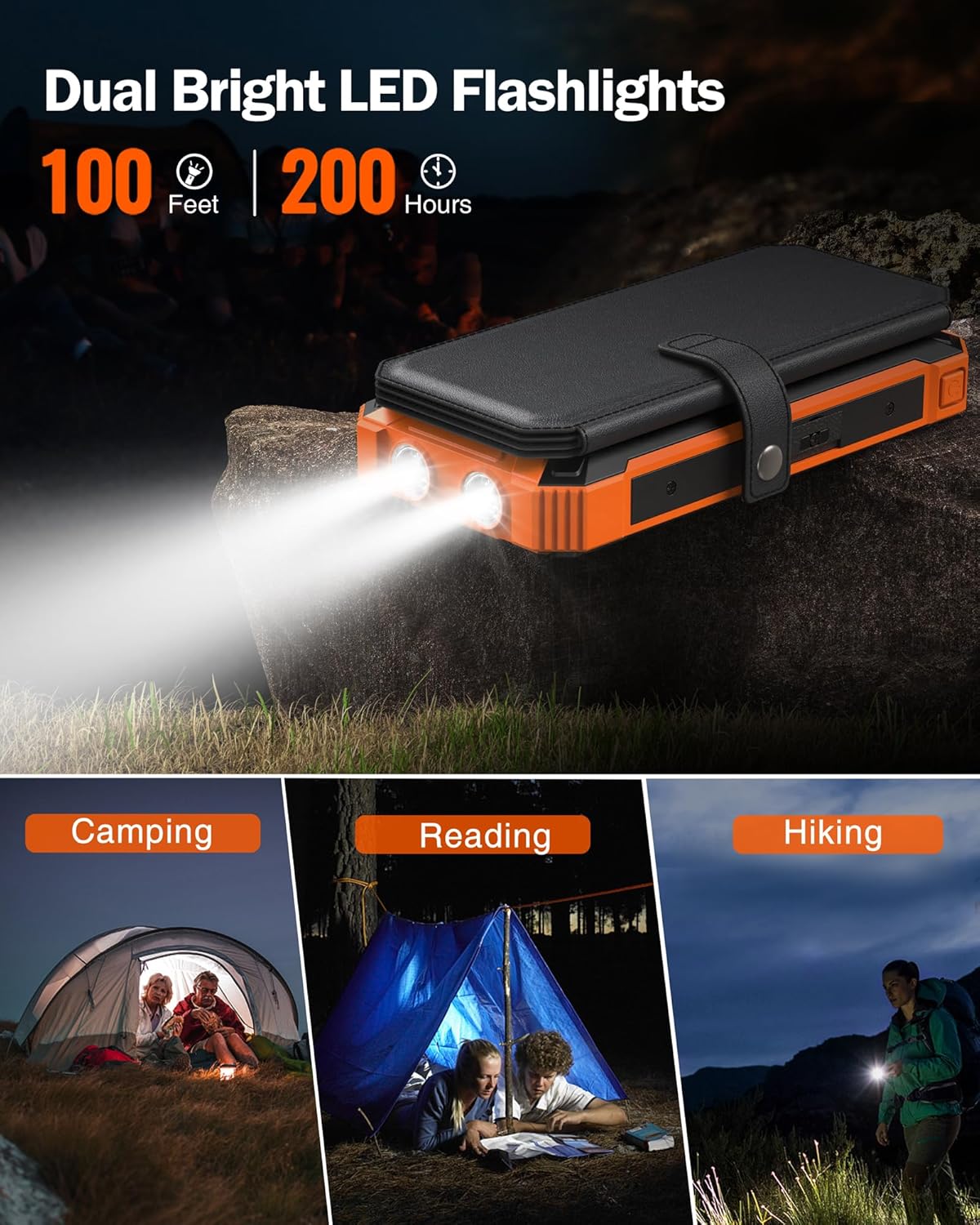 GOODaaa Solar Power Bank, 42800mAh Portable Charger Built in 4 Cables Three USB Port 20W Fast Charging, Wireless Charging Power Bank for Apple Watches with Dual Flashlight, Carabiner,Thermometer - Image 5