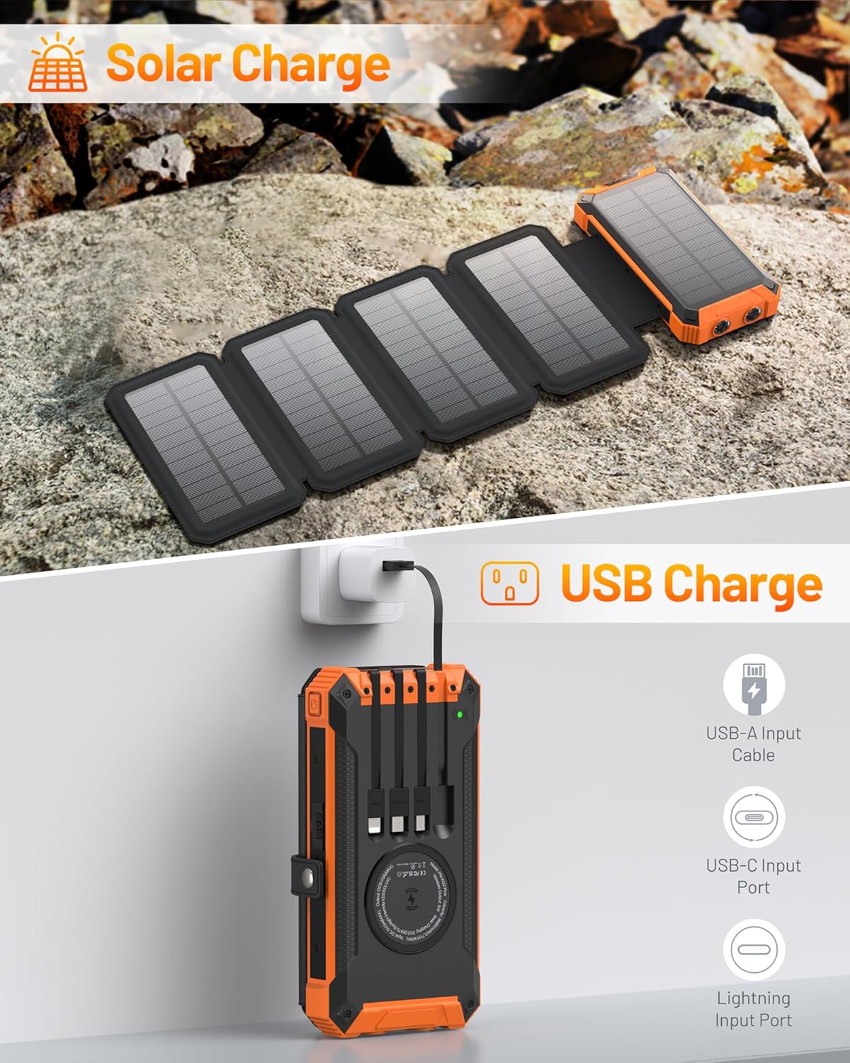 GOODaaa Solar Power Bank, 42800mAh Portable Charger Built in 4 Cables Three USB Port 20W Fast Charging, Wireless Charging Power Bank for Apple Watches with Dual Flashlight, Carabiner,Thermometer - Image 7