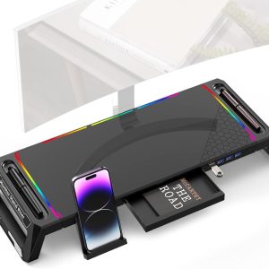 KeiBn RGB Gaming Computer Monitor Stand with 4 USB 3.0 Hub, 3 Lengths Adjustable Monitor Stand with Storage Drawer and Phone Holder, Monitor Stand Riser for PC,Laptop,iMac