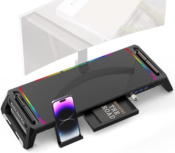 KeiBn RGB Gaming Computer Monitor Stand with 4 USB 3.0 Hub, 3 Lengths Adjustable Monitor Stand with Storage Drawer and Phone Holder, Monitor Stand Riser for PC,Laptop,iMac