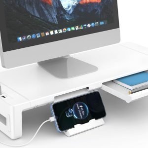 Monitor Stand Riser, AQQEF Foldable Computer Monitor Stand for Desk with USB 3.0 and Charging Port, Laptop Desk Shelf & Monitor Riser with Storage Drawer and Tablet Phone Hold