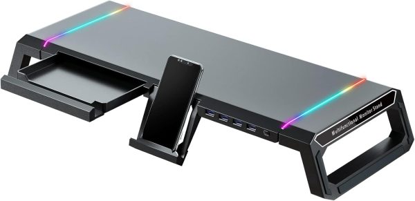 RGB Gaming Computer Monitor Stand Riser - 4 USB 3.0 Hub, 3 Length Adjustable Monitor Stand with Drawer,Storage and Phone Holder