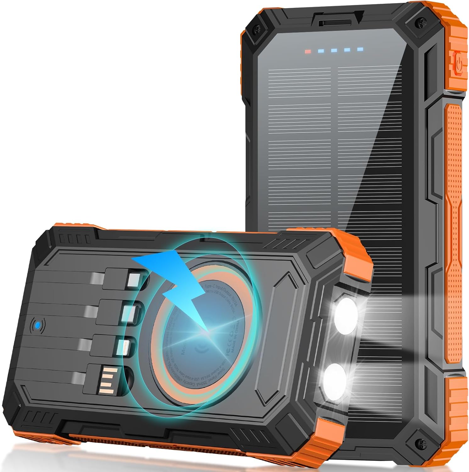 Solar Charger Power Bank 49800mAh Wireless Portable Phone Charger, π£πππ΄πͺ πππ.π Fast Charging Built in 4 Cables with USB C 6 Outputs & 2 Inputs for Cell Phone Orange