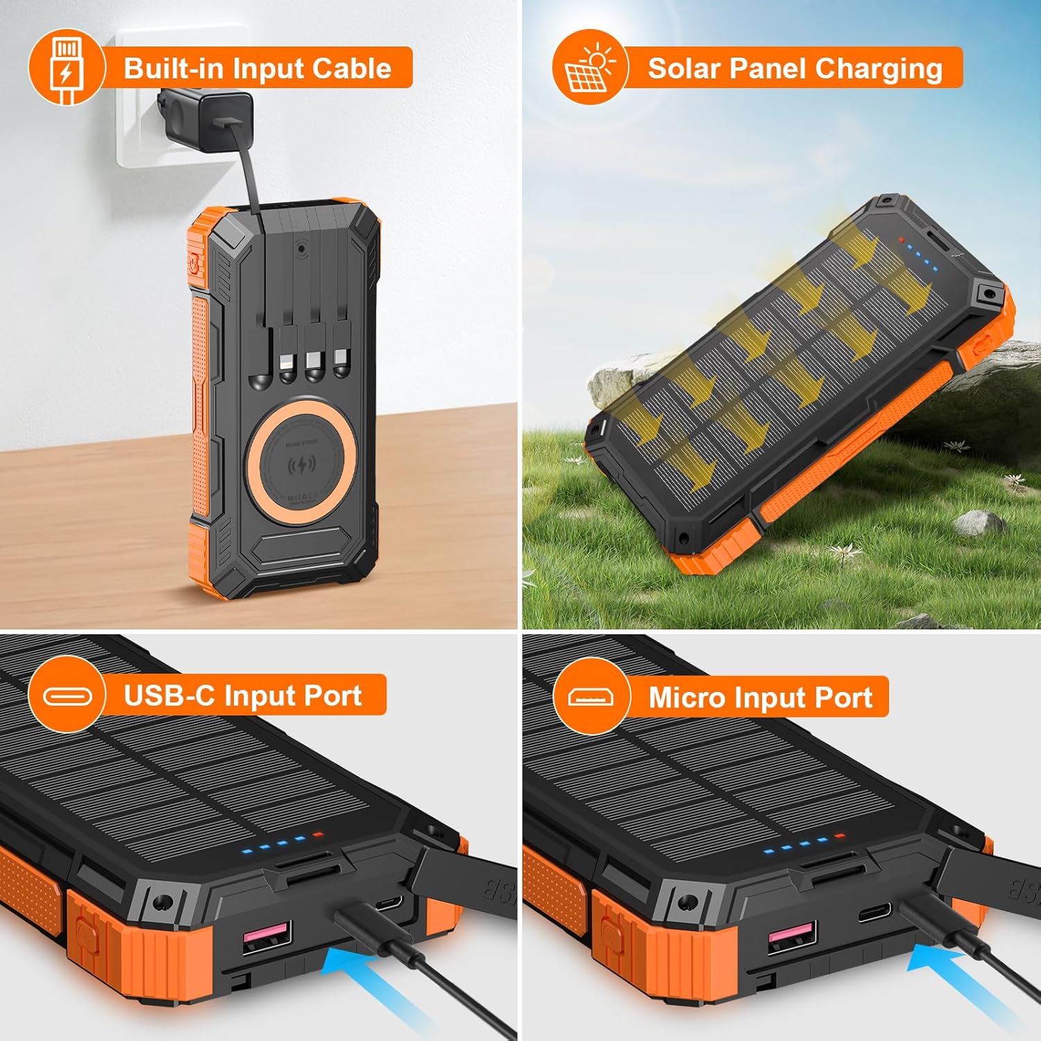 Solar-Charger-Power-Bank 49800mAh | 15W Fast Charging Portable Power Bank with 3 Ports (2 USB, 1 Type C) | Smart Protection IC Chip, Dual LED Flashlights, IP67 Waterproof, Drop-Proof - Image 4