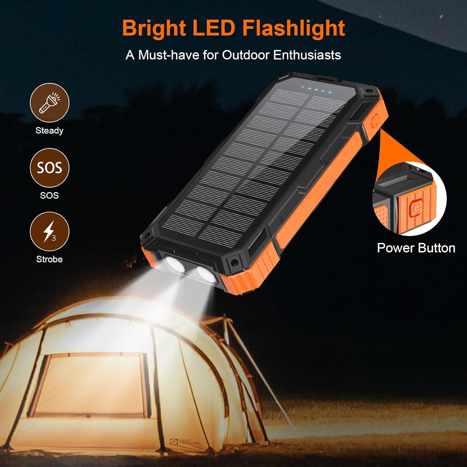 Solar-Charger-Power-Bank 49800mAh | 15W Fast Charging Portable Power Bank with 3 Ports (2 USB, 1 Type C) | Smart Protection IC Chip, Dual LED Flashlights, IP67 Waterproof, Drop-Proof - Image 5