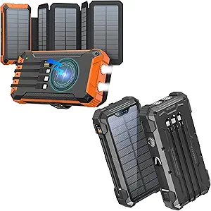 GOODaaa Solar Power Bank, 42800mAh Portable Charger Built in 4 Cables Three USB Port 20W Fast Charging, Wireless Charging Power Bank for Apple Watches with Dual Flashlight, Carabiner,Thermometer